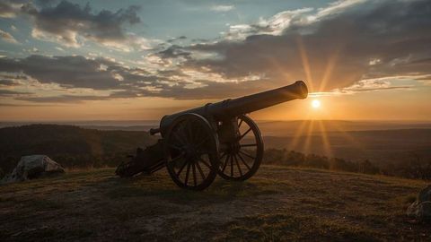 Vintage Cannon at Sunset Overlooking Scenic Valley Landscape