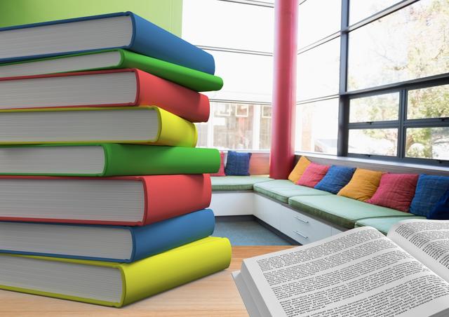 Stack of Colorful Books and Open Book in Modern Library - Download Free Stock Photos Pikwizard.com