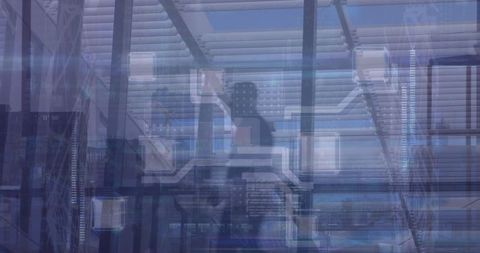 Futuristic office environment with digital technology interface