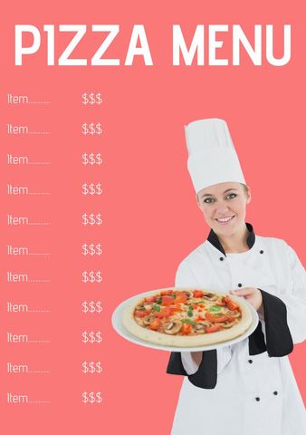 Smiling Chef Holding Pizza with Menu Template Over Pink Background - Download Free Stock Templates Pikwizard.com