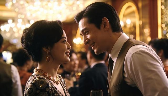 Glamorous couple sharing romantic moment at upscale gala under chandelier glow