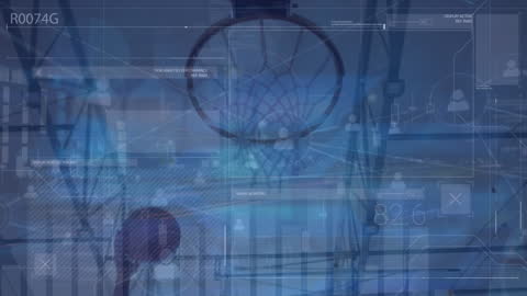 Futuristic Data Processing Interwoven with Basketball Overlay