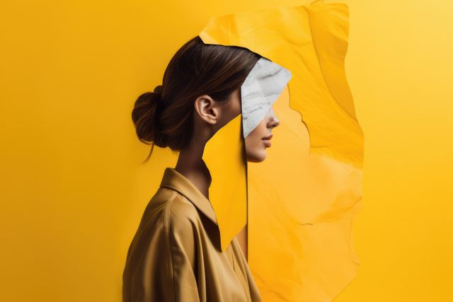 Woman with face covered by yellow paper on yellow background, created using generative ai technology. Faceless person, anonymity and colour concept digitally generated image.