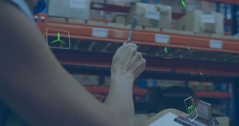Worker pointing pen at ar inventory icons in warehouse aisle boosting logistics efficiency