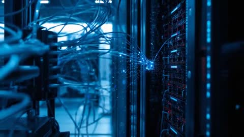 High-Tech Data Center with Fiber Optic Cables and Server Reactions