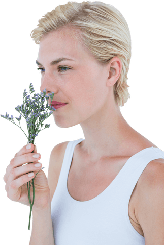 Caucasian Woman Smelling Flowers with Transparent Background