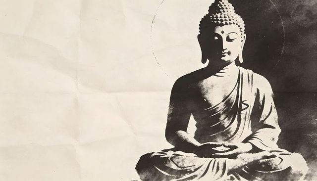 Meditating buddha silhouette on creased paper texture with ink halo and smudges