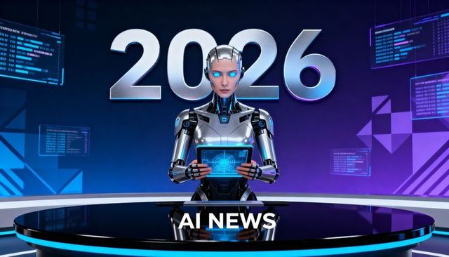 Futuristic android news anchor anchoring at ai news desk 2026 with holographic tablet