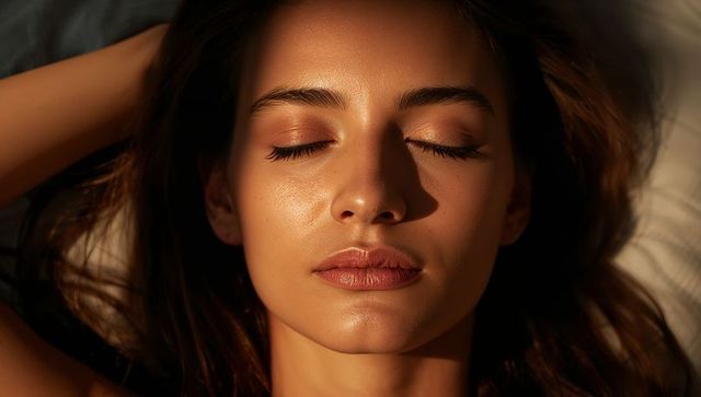 Sunlit serenity closeup: woman resting with warm shadow band across face