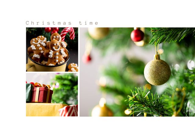 This collage features close-up shots of Christmas decorations and gingerbread cookies. A decorated Christmas tree with golden ornaments takes center stage, while other images show wrapped presents and cookies with icing. This festive collage is ideal for holiday-themed websites, greeting cards, and social media posts highlighting the joyful holiday season.