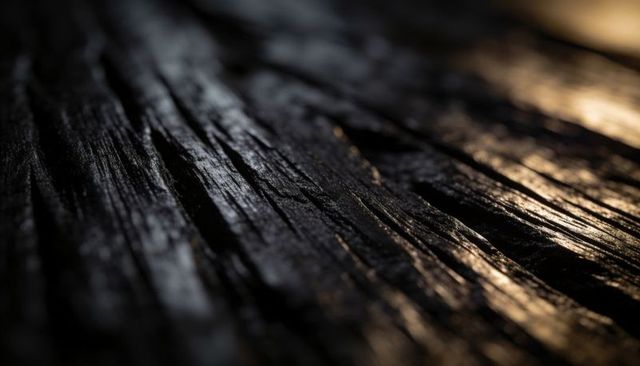 Weathered charred wood texture showing deep grooves, raised grain and warm highlights