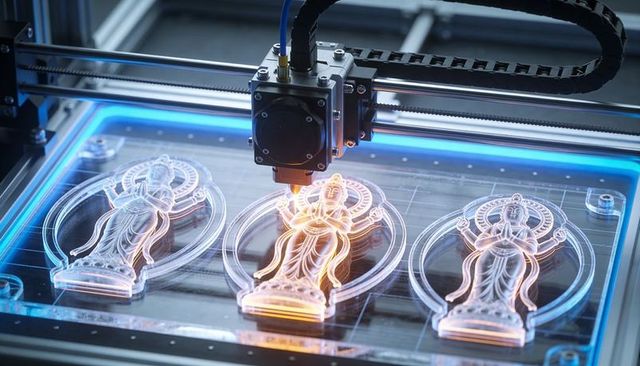 Resin 3D printer curing translucent deity statuettes on LED-lit build plate for prototype