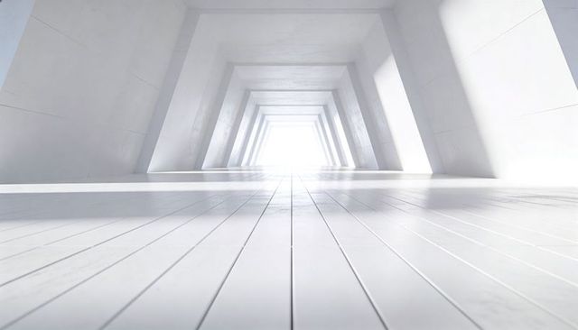 Minimalist White Corridor with Symmetrical Plank Floor Leading Toward Bright Exit