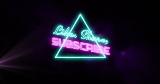 Neon sign featuring 'Like, Share, Subscribe' text inside a glowing triangle, perfect for digital marketing content. Ideal for promoting social media channels, enhancing video intros, and engaging viewers with vibrant, attention-grabbing graphics. Bold, futuristic design adds a lively aesthetic suitable for modern and dynamic branding initiatives.