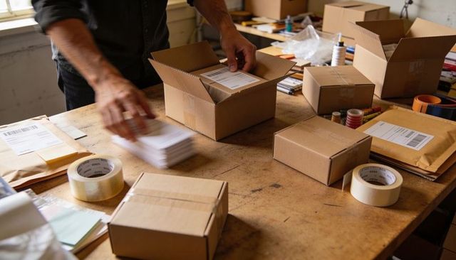 Hands Packing E-commerce Orders at Busy Workbench | Small Business Fulfillment Workflow