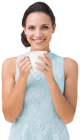 Smiling Woman in Blue Dress Holding Cup on Transparent Background