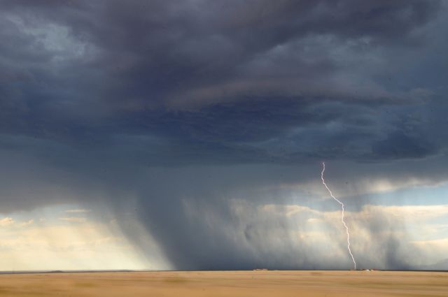 Image features intense thunderstorm with a vivid lightning strike in an open field with dark clouds and rain in view. Ideal for use in weather forecasts, climate change presentations, nature documentaries, educational material on extreme weather or for backgrounds conveying power of nature.