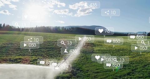 Soaring over winding country road with augmented reality social media overlays