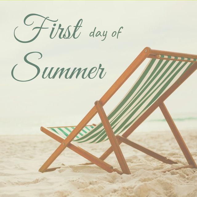 Digital composite image of first day of summer text by empty folding chair on sand at beach. beach holiday and relaxation concept.