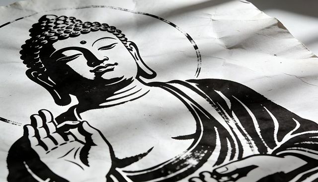 Monochrome ink buddha line art on creased paper with halo and mudra gesture for meditation