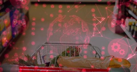 Shopping Cart with Digital Network Connections Illustrating Retail Future