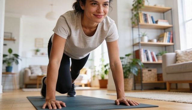 Young woman doing plank workout on mat in cozy sunlit living room for home fitness