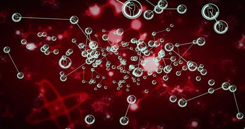 Displaying cyan connected-person nodes over deep red abstract matrix for network visualization