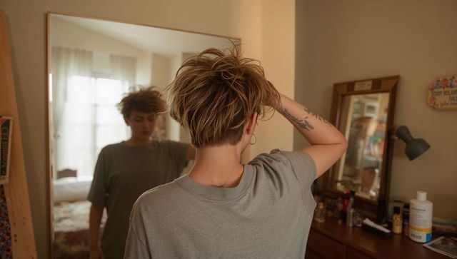 Young woman adjusting short blonde hair in bedroom mirror showing forearm tattoo