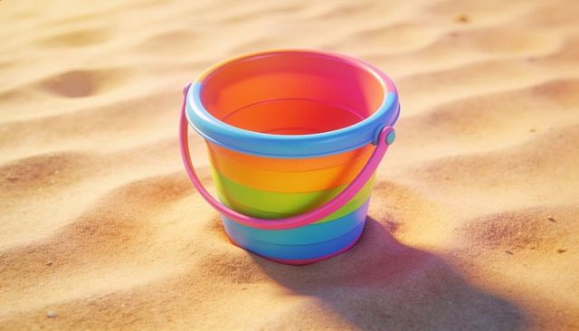 Rainbow beach bucket sitting on sunlit rippled sand casting shadow with pink handle