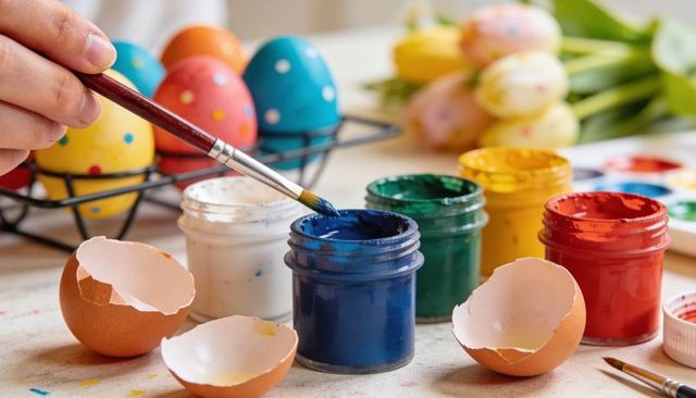 Hand dipping brush into blue paint with polka dot easter eggs and eggshells