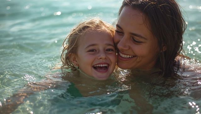 Mother and daughter laughing while swimming in sunlit turquoise sea during summer