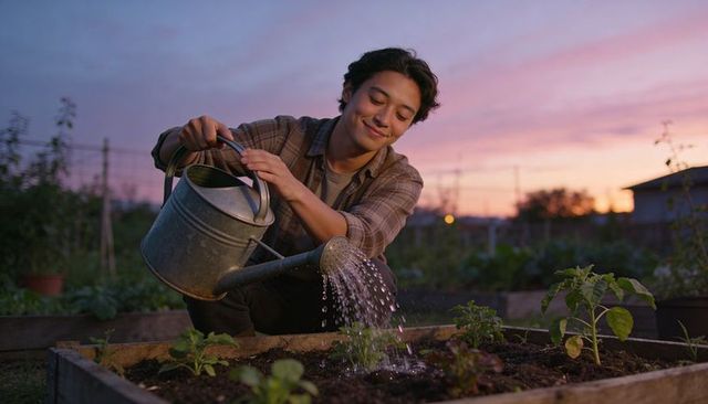 Young gardener watering seedlings in raised bed at sunset