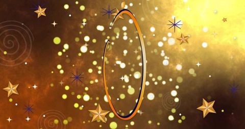 Metallic ribbon oval frame glowing over festive golden bokeh with starbursts