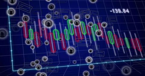 Neon candlestick trading dashboard showing social sentiment annotations and trend line