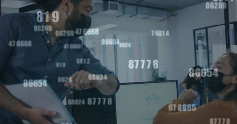 Masked business colleagues elbow bumping in office analytics overlay
