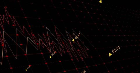 Neon graph display on virtual red grid dashboard