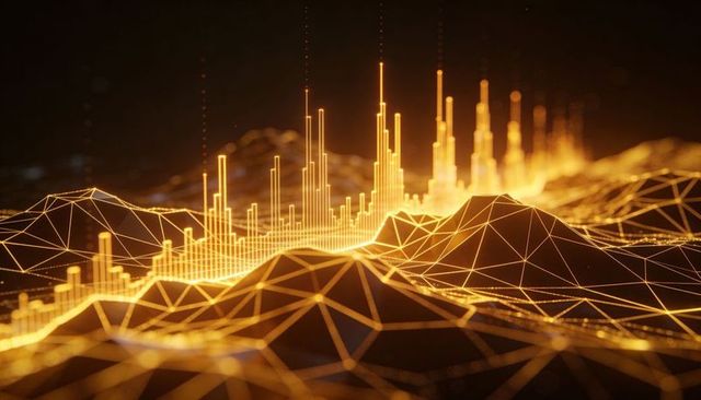 Glowing golden low-poly mesh landscape visualizing data spikes in 3d