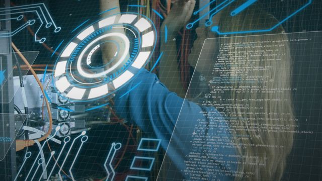 Technician troubleshooting network cables while futuristic heads-up display (HUD) overlay prominently features data processing visuals and computer code. Ideal for illustrations of cyber security, advanced technology, IT support, or network infrastructure development.