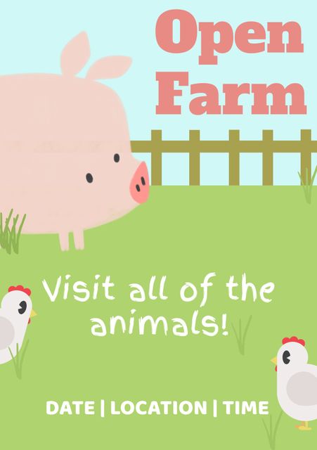 Cheerful illustration of farm animals including a pig and chickens. Ideal for promoting farm open events, family outings, and rural community gatherings. Useful for posters, social media posts, or event invitations targeting families and children.