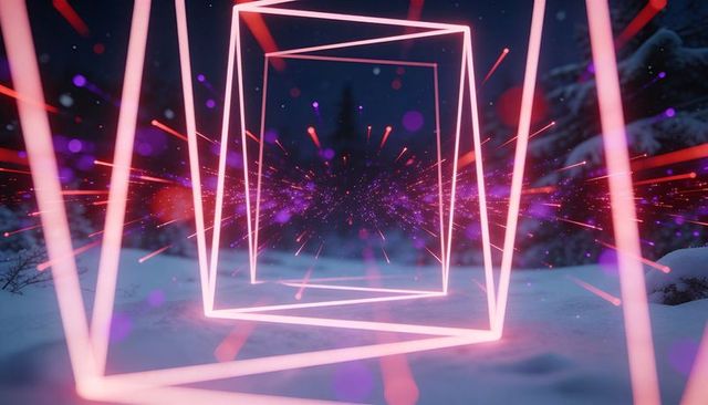 Glowing neon frame tunnel snowy forest clearing emitting particle trails purple-pink bokeh