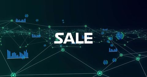 Neon data network sale banner with digital mesh, hex nodes and analytics charts, marketing