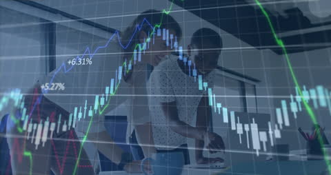 Business Colleagues Analyzing Digital Data with Growth Chart Overlay