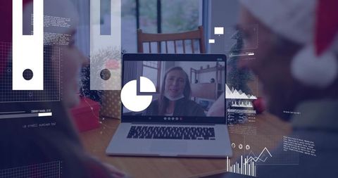 Virtual holiday family video call with masked relative and analytics overlay