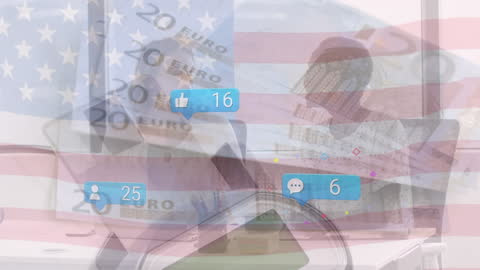 Social Media Dynamics Overlaid on United States Flag and Euro Notes
