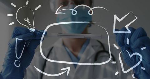 Clinician holding patient name strip on glass with mask, gloves, stethoscope and medical doodles