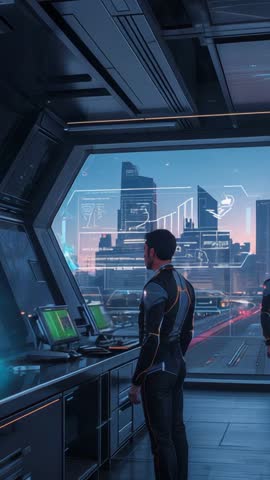Vertical video: lone officer walking, tapping console, activating holographic city data interface
