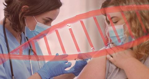 Healthcare worker administering covid-19 vaccine to adult patient with red dna helix overlay