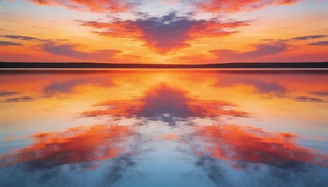 Mirror sunset over calm lake reflecting vivid orange and pink clouds with symmetry