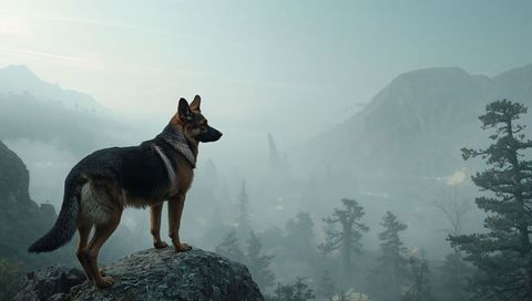 Standing german shepherd surveying misty alpine valley from rocky outcrop at dawn