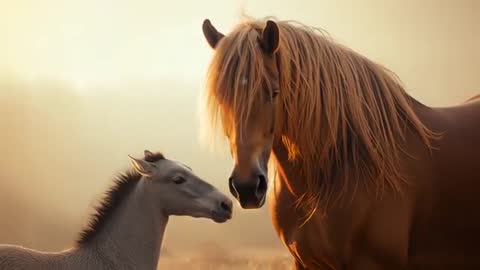 Foal Sniffing Mare in Golden Sunrise for Bonded Companionship